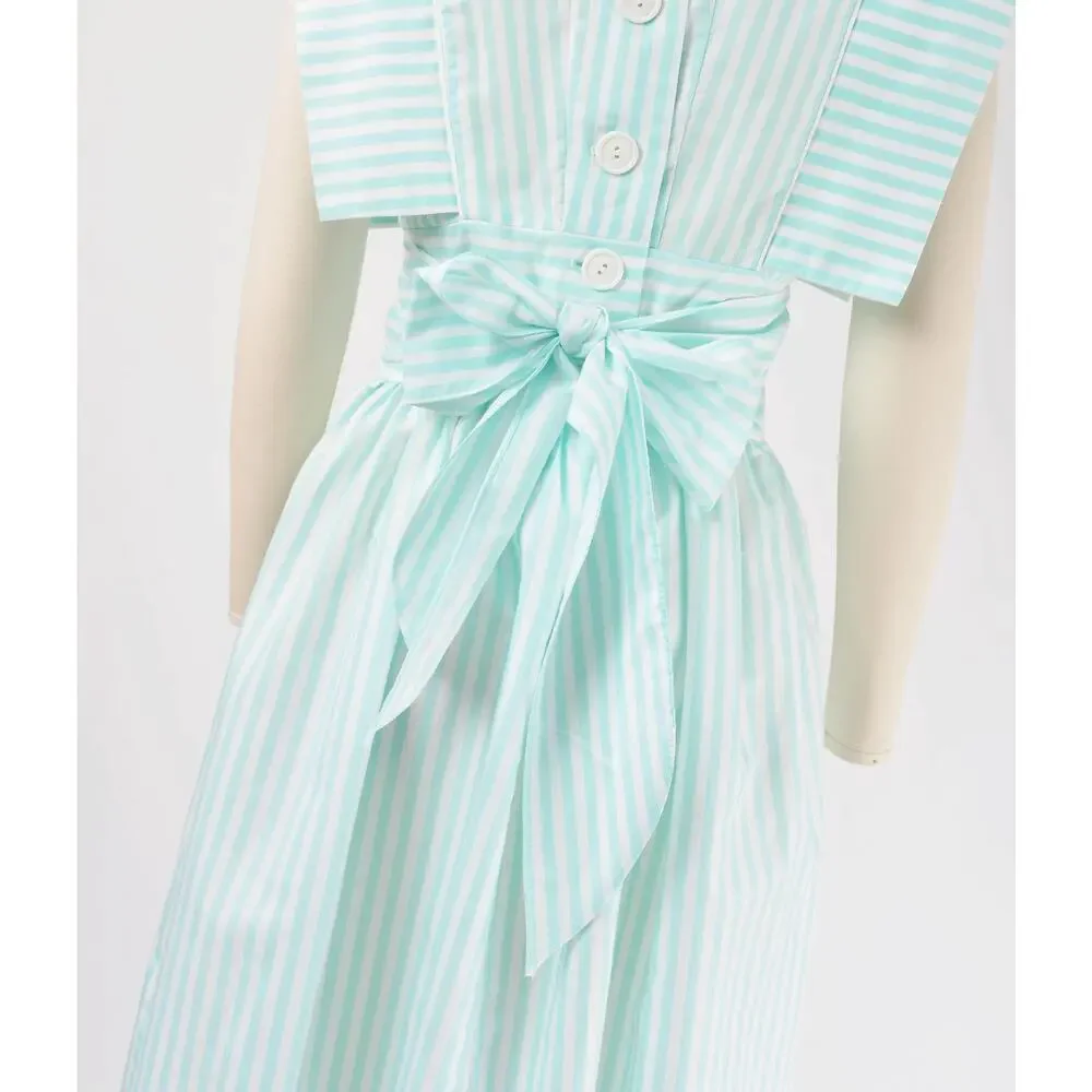 Vintage 80s Pastel Striped Dress Aqua White Cotton Blend Midi Sundress Bow S